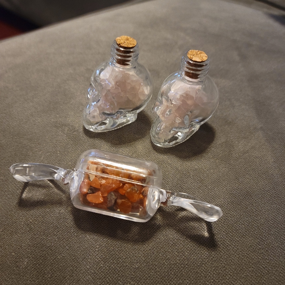 2 skulls with Rose Quartz chips and Candy with Carnelian chips